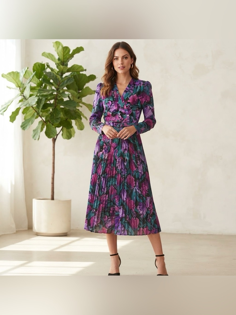 Vintage 80s Dallairds Purple Floral Pleated Long Sleeve Midi Dress Belted Sz 10